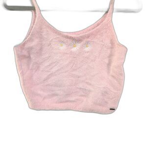 Hollister Embroidered Floral Daisies Baby Pink Fuzzy Strappy Crop Top L